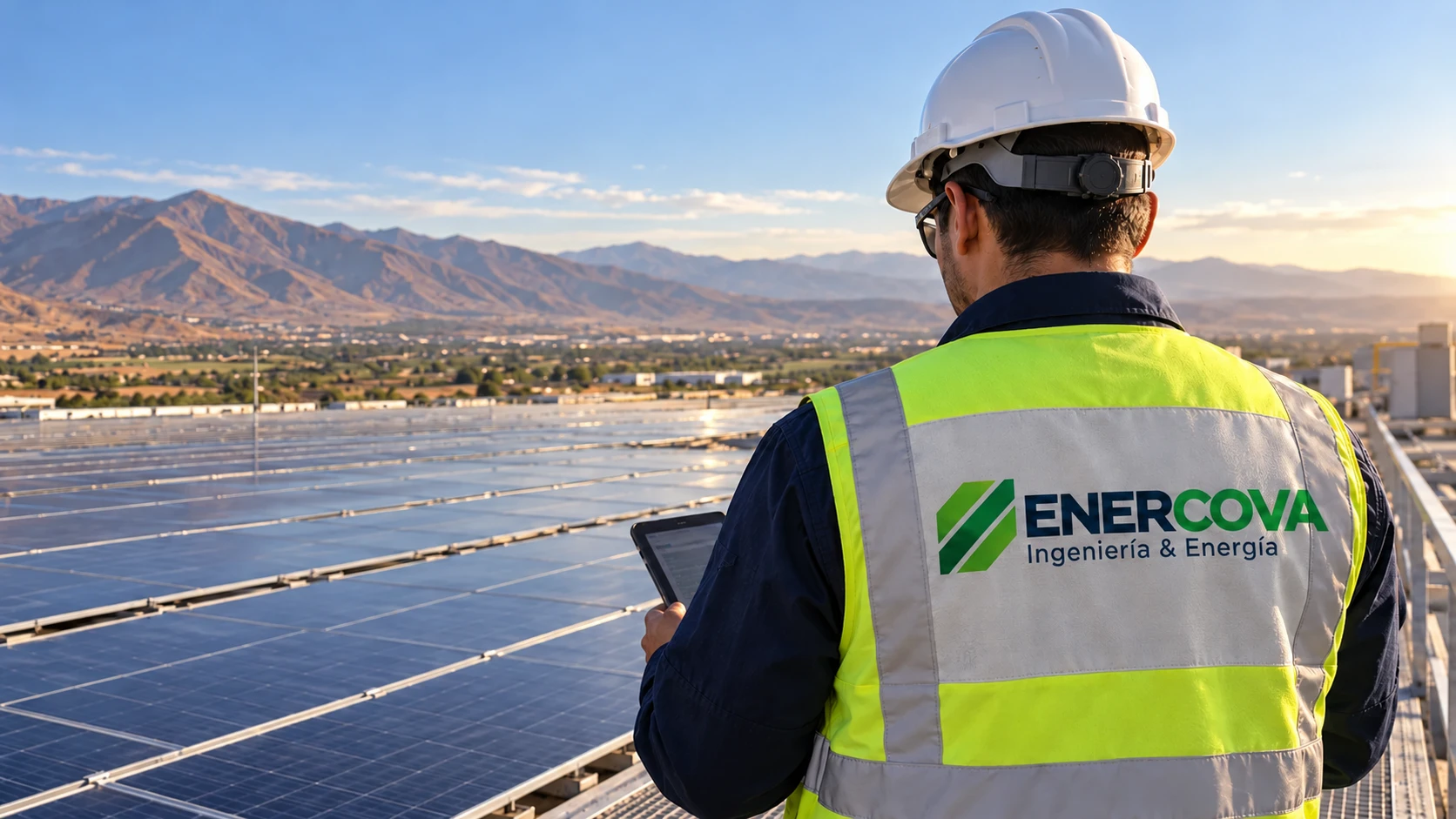 Imagen ilustrativa de un ingeniero con uniforme ENERCOVA frente a una instalación fotovoltaica